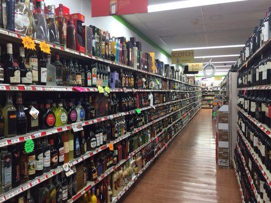 Left side of the store with whiskey, rum, tequila and other spirits