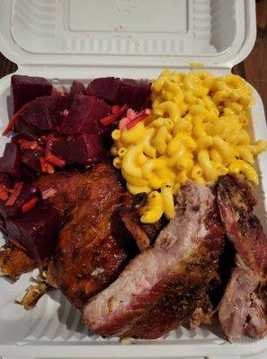 chicken and ribs platter with mac and cheese and beet salad (~$13)