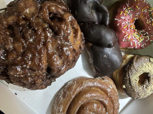 Apple Fritter, cinnamon roll, Nutella Raised, Pink Raised with Sprinkles, Chocolate Long John