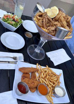 Calamari and fries. Chicken fingers and fries. House salad