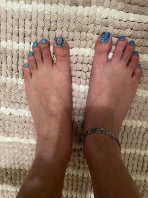 Gel pedicure with designs and hot/cold color changing polish