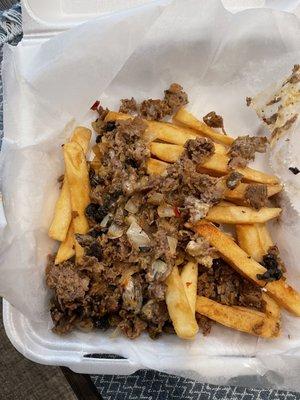 Philly fries... 8 bucks for this bad boy, cold ass fries, a small handful of meat... not happy