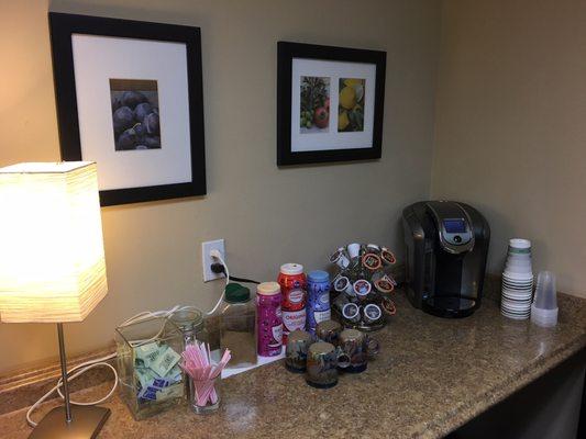 Complimentary coffee, tea, and water station