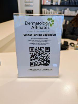 Parking at Dermatology Affiliates' Midtown location is free. Don't pay outside. Scan this QR code inside and enter the password as shown.