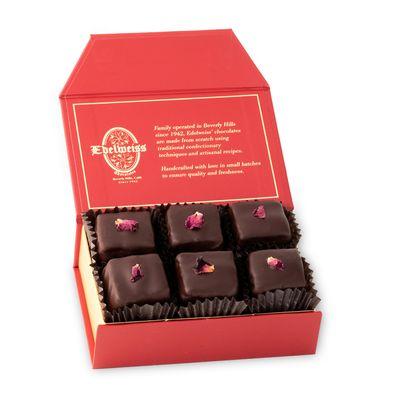 Real Rose water flavored Marshmallow dipped in decadent dark gourmet chocolate.