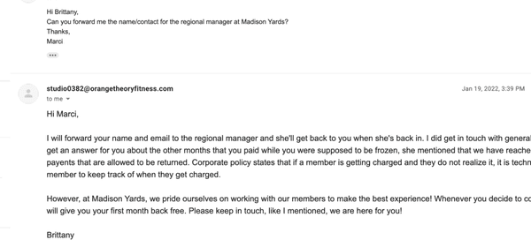 Email where they won't even give me the regional contact name and say they will forward my info, which never happened.