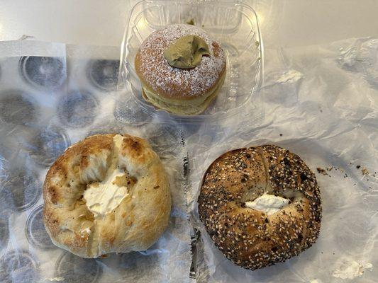 Pistachio Bamboloni on top, Bialy on the left and Everything Bagel on the right