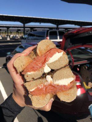 Lox and cream cheese on a whole wheat everything bagel