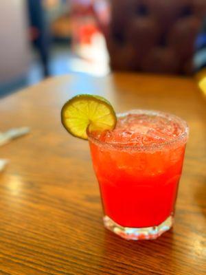 Strawberry Margarita (Sugar Rim)  Don't let the size fool you. It's well worth the $9!