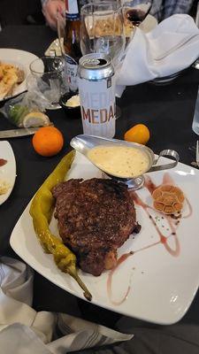 Ribeye steak and Bakes Brewing medalist IPA