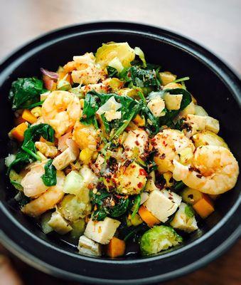 Asian Stir-Fry Chicken + Shrimp + Seasonal Mixed Vegetables (Apple, Kale, Spinach, Onion, Brussel Sprouts, Squash & Walnuts)