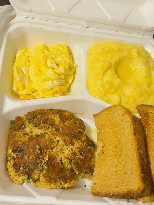 Salmon cake grits and scrambled eggs