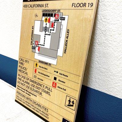 Evacuation Map sign - Brich wood with white ink on matte vinyl