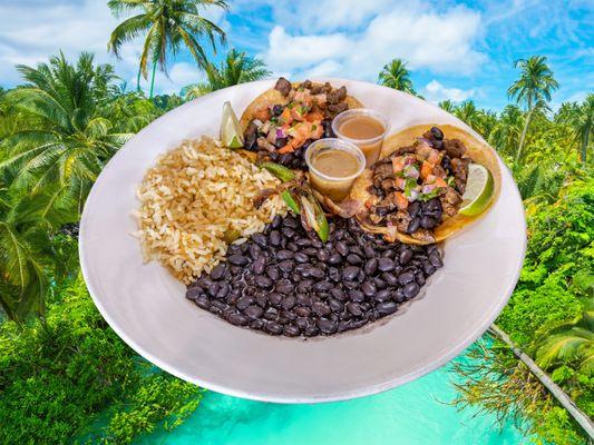 taco combo; two super tacos, rice and beans and green salsa