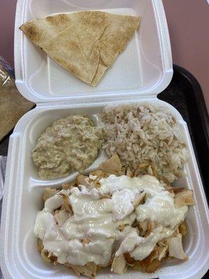 Chicken shawarma entree with rice and baba ghanoush