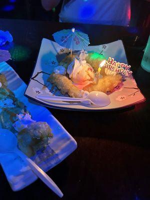 My birthday desert! Fried mochi ice cream sushi and fried banana