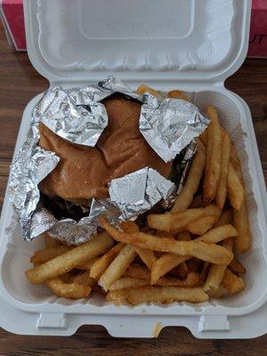 Mushroom swiss burger & fries