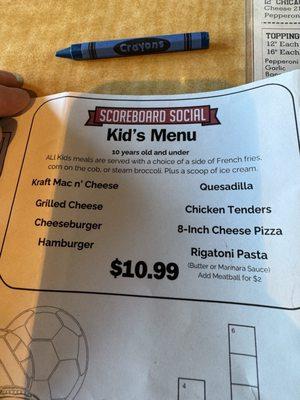 Kids menu