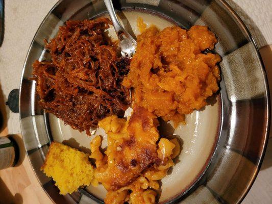 Pulled pork, mac n cheese, yams, and cornbread