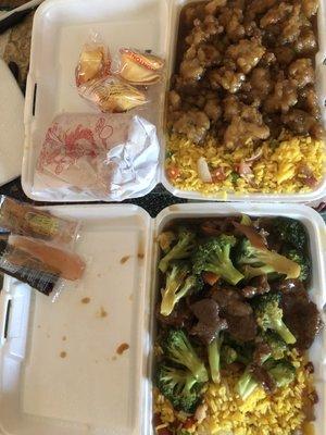 General Tso's, Beef and Broccoli.  Both came with pork fried rice and an egg roll...and a few fortune cookies.