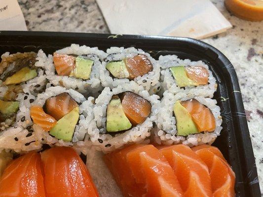 Salmon Avocado, Eel and Avocado, Scottish sea trout nigiri  and salmon sashimi