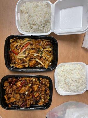 Family Kung Pao chicken and Family Thai Basil shrimp with white rice