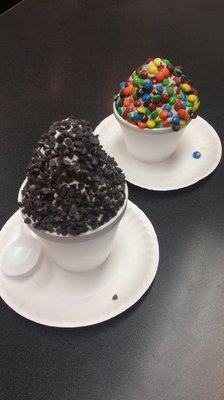 Peanut butter froyo with mini Choc chips and cookies n cream with mini m&ms