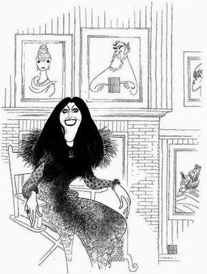 HIRSCHFELD's FAMOUS PORTRAIT OF MARGO FEIDEN. OVER MARGO's SHOULDER, HIRSCHFELD DREW HIS OWN PORTRAIT WITH HIS WIFE, ACTRESS DOLLY HAAS.