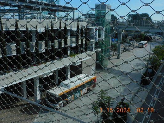 With the Trolley it passes by and the many buses come and go at the front and the side of the parking structure.