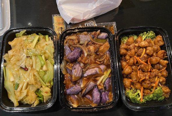 Stir Fried Chinese Cabbage, Eggplant With Garlic Sauce and Orange Chicken