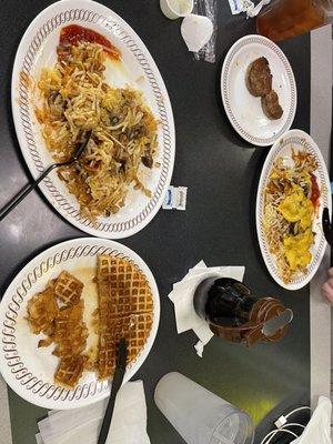 Hash browns with onions, mushrooms and cheese and classic waffles.