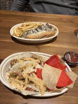 Mahi tacos and Philly cheese steak