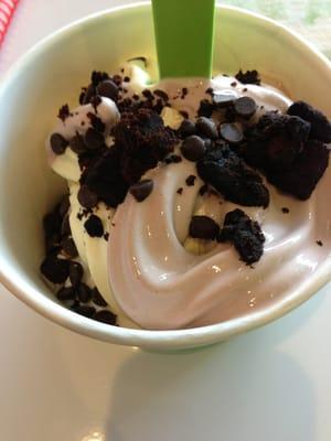 Cake batter, cookies and cream and cheesecake topped with brownies and chocolate chips.