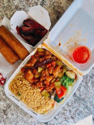 3-item combo w/ kung pao chicken, BBQ pork & vegetables + 2 egg rolls / $17ish