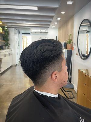 Growing out top w/ 0.5 fade on sides, back tapered out.