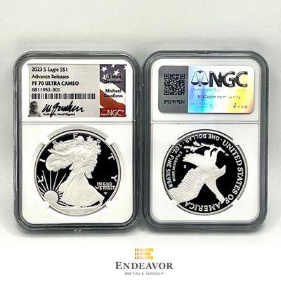 2023-S NGC PF70 AR Ultra Cameo Silver American Eagle - Gaudioso Signature, Obverse & Reverse