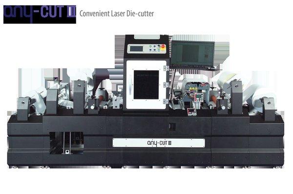 The Anycut III is a 13" Laser finisher with inling diecutting, lamination, slitting, and dual rewinders.