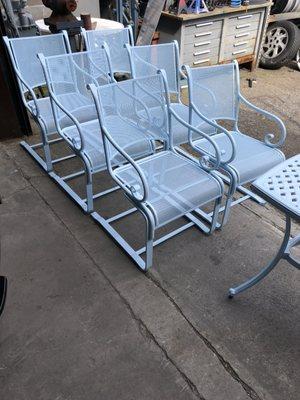 1970 outdoor chairs stripped, sand blasted and refinished to baby blue powder coat.