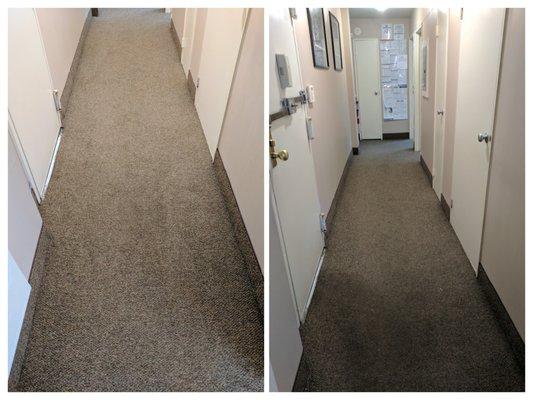 Left- After Carpet and High Traffic Areas were cleaned. Right- Affected Area Before cleaning.