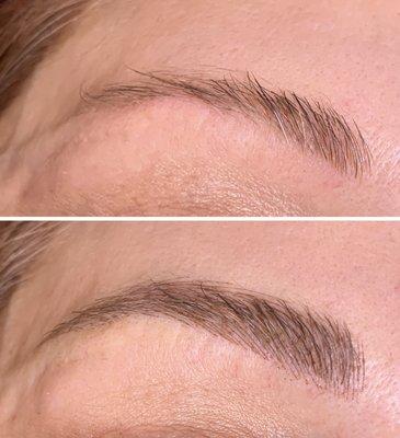 Before and after, natural microblading by Brigitte Baisa.