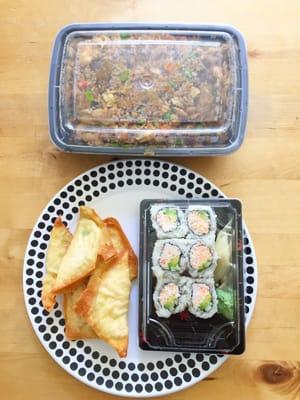 Young Chow Fried Rice, Crab Wonton and California Roll.  I'm pleased with my first delivery order!