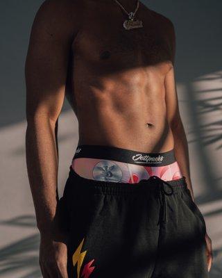 Model wears Jettpacks Shorts & Underwear