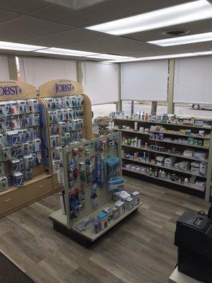 Our front store carries a variety of medical supplies, vitamins, supplements, canes/walkers, Jobst compression stockings, and more.