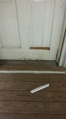 Door damaged by the hired thugs hired by New Bedford Welding Supply