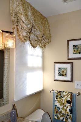 Cellular shade for installation, privacy with Decorative custom balloon valance with beaded trim.