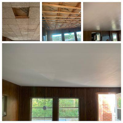 Take down and remove a drop ceiling then replace with a plastered ceiling, primed with two coats of fresh paint.