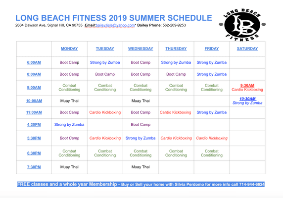 LB Fitness Summer Schedule 2019