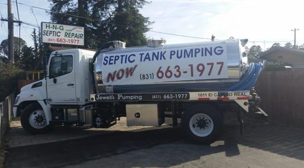 Jewell's Pumping is ready to serve you. One of our trucks on Highway 101 at 156.