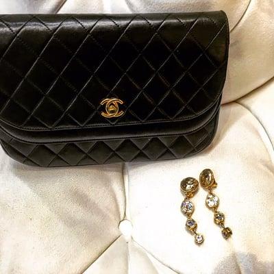 Chanel classic black bag and chanel clip on earrings