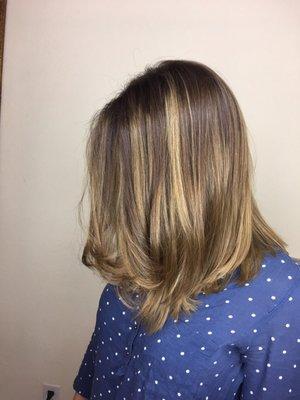 Golden blond highlights on medium brown colored hair, even length cut and blow dried.